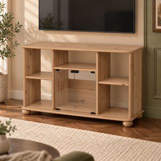 Anika TV-Schrank aus Kiefernholz 125 x 77 cm | 100% Bio Massivholz in Capuccino im Wohnraum