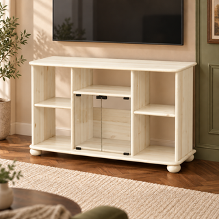 Anika TV-Schrank aus Kiefernholz 125 x 77 cm | 100% Bio Massivholz in Weiss im Wohnraum