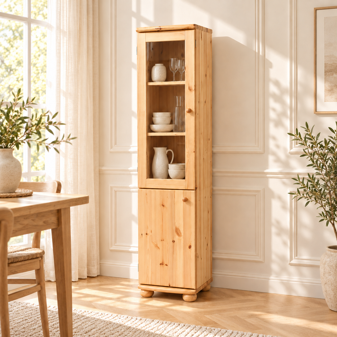 kiefer_massivholz_Claudia Buffetschrank Massivholz Vitrine V.2 aus Kiefer, 2-Türig – Natur, Wohnbeispiel
