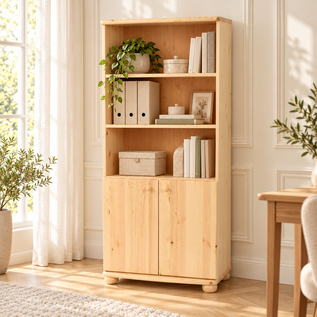 kiefer_massivholz_Claudia Büroschrank Aktenschrank aus Kiefer, 2-Türig mit 3-Regalfächern – Natur, Wohnbeispiel