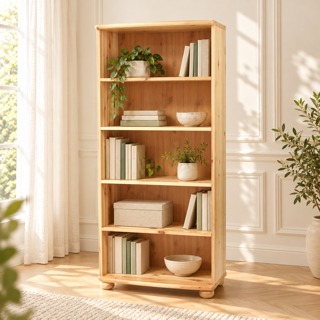 kiefer_massivholz_Claudia Büroschrank aus Kiefer Massivholz, Dielenschrank mit 5-Regalfächern – Natur, Wohnbeispiel