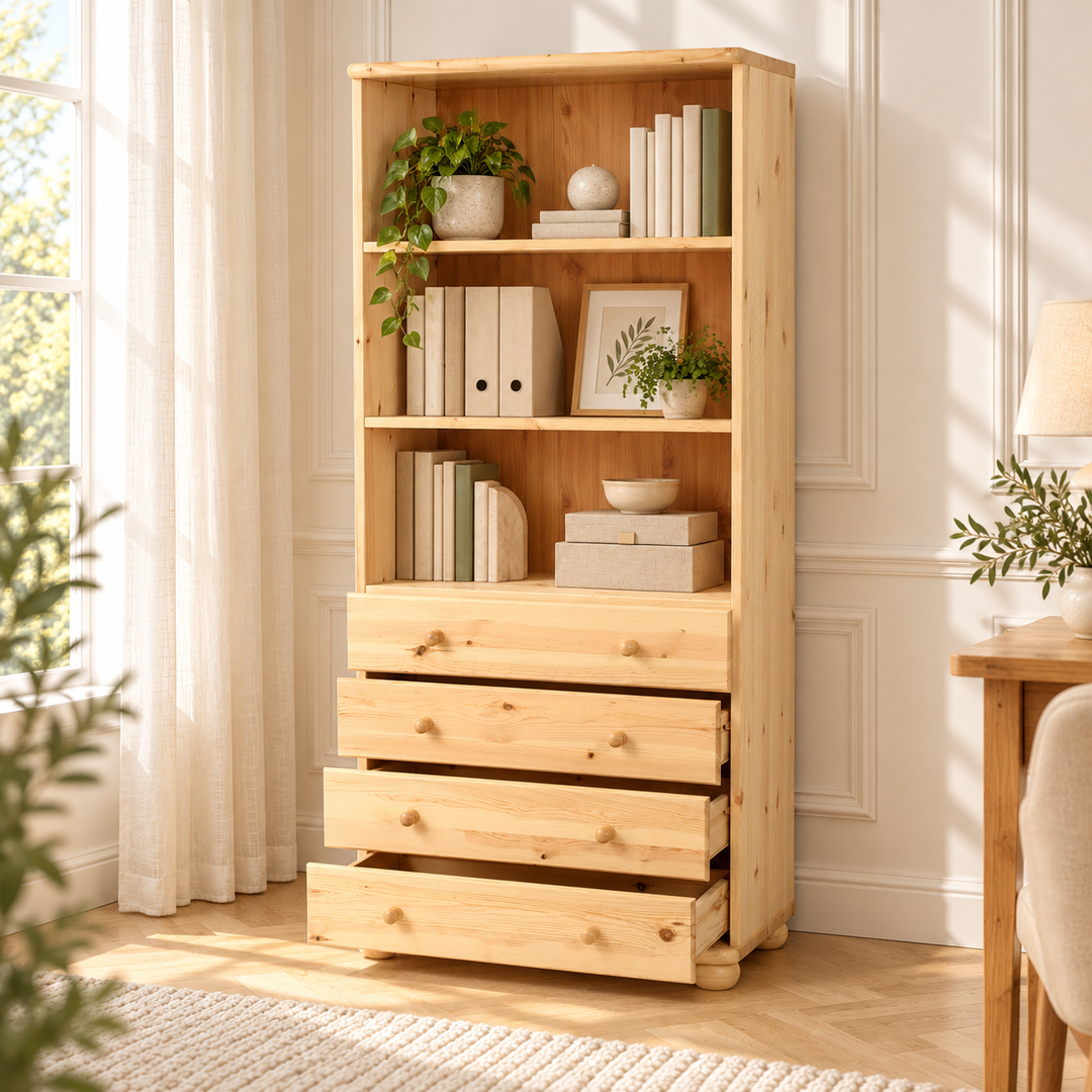 kiefer_massivholz_Claudia Büroschrank aus Massivholz, Aktenschrank Schubladenschrank, 4-Schubladen – Natur, Wohnbeispiel