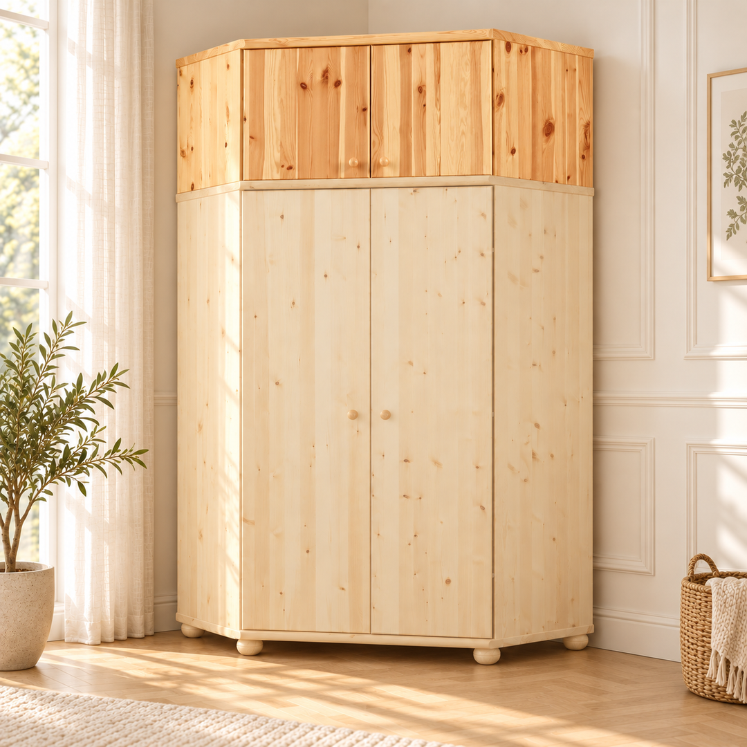 kiefer_massivholz_Claudia Eckschrank aus Kieferholz – Massiver Kleiderschrank Aufsatz aus Holz – Natur, Wohnbeispiel