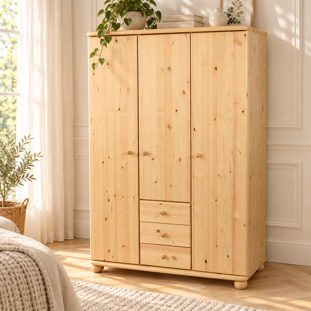 kiefer_massivholz_Claudia Hotel Kleiderschrank Kiefer, 3 Türen, 3 Schubladen, Regalböden aus massivem Holz – Natur, Wohnbeispiel