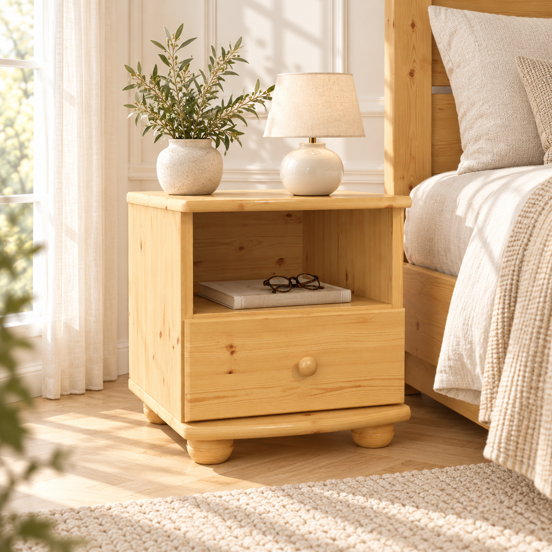 kiefer_massivholz_Claudia Kiefer Nachttisch Massivholz mit 1-Schublade und 1 Regal – Natur, Wohnbeispiel