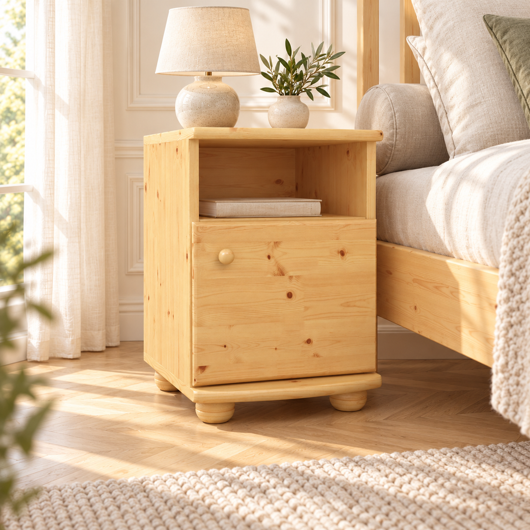 kiefer_massivholz_Claudia Kiefer Nachttisch Massivholz, Nachtschrank mit 1 Regal und 1 Tür – Natur, Wohnbeispiel