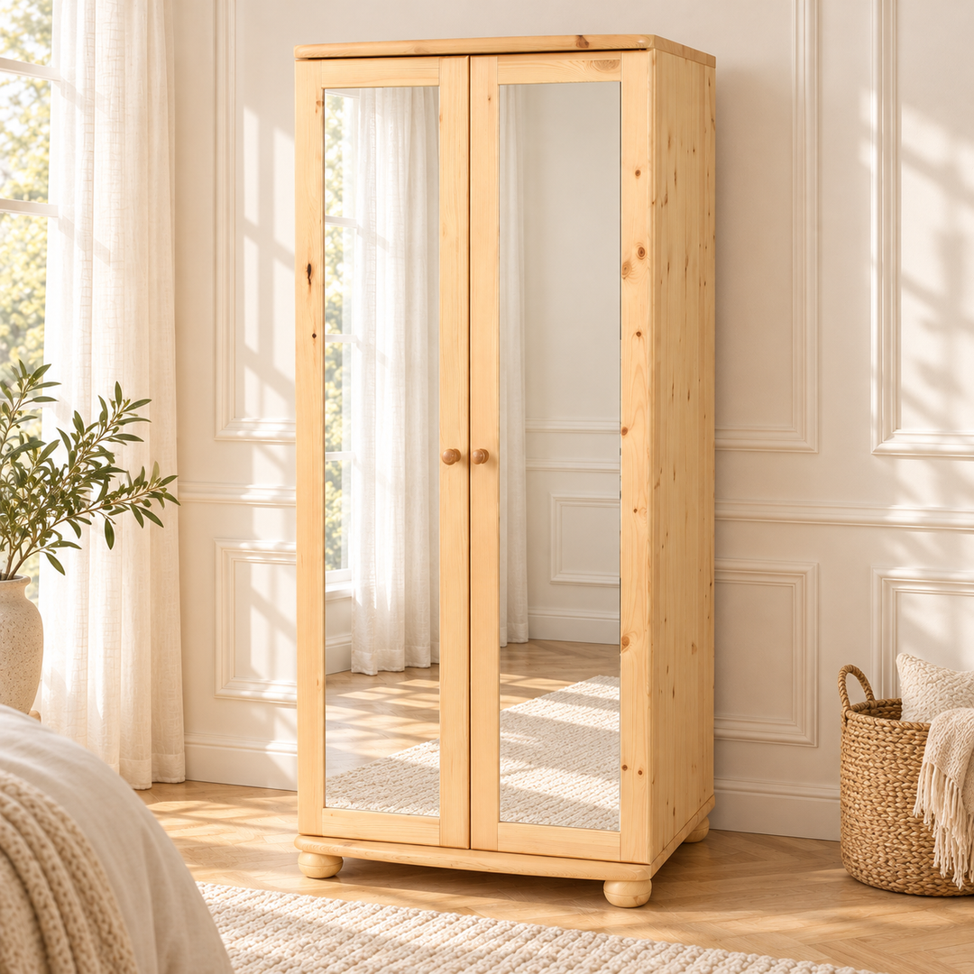 kiefer_massivholz_Claudia Kleiderschrank aus Massivholz, 2-türiger Spiegelschrank aus Kiefer – Natur, Wohnbeispiel