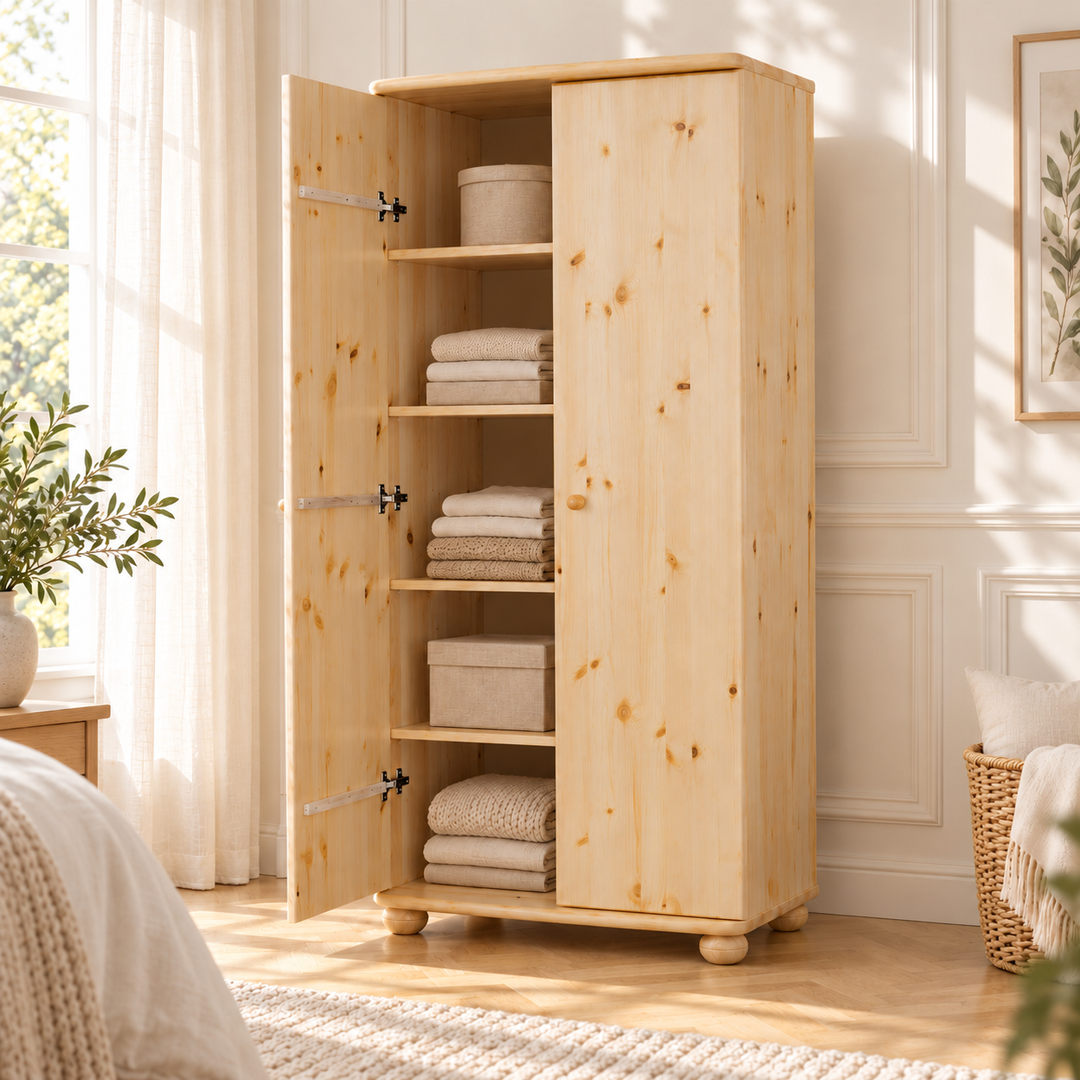 kiefer_massivholz_Claudia Kleiderschrank Kiefer 2-türig, 45cm / 62cm Tiefe, Massivholz mit Regalfächern – Natur, Wohnbeispiel