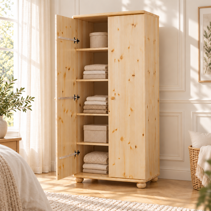 kiefer_massivholz_Claudia Kleiderschrank Kiefer 2-türig, 45cm / 62cm Tiefe, Massivholz mit Regalfächern – Natur, Wohnbeispiel