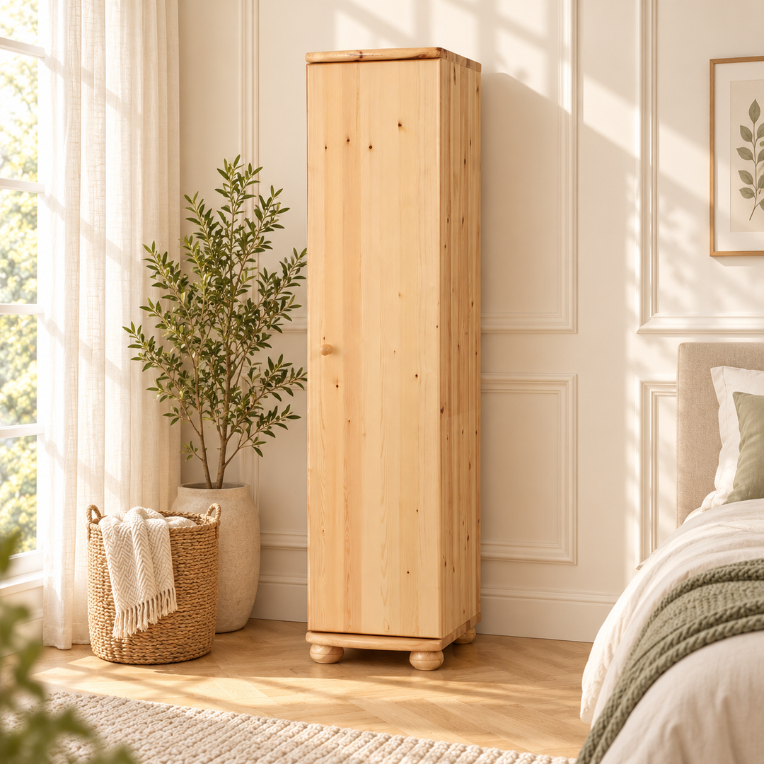 kiefer_massivholz_Claudia Kleiderschrank Kiefer 62cm Tiefe, 1-Türig mit 4 Regalen aus Massivholz – Natur, Wohnbeispiel