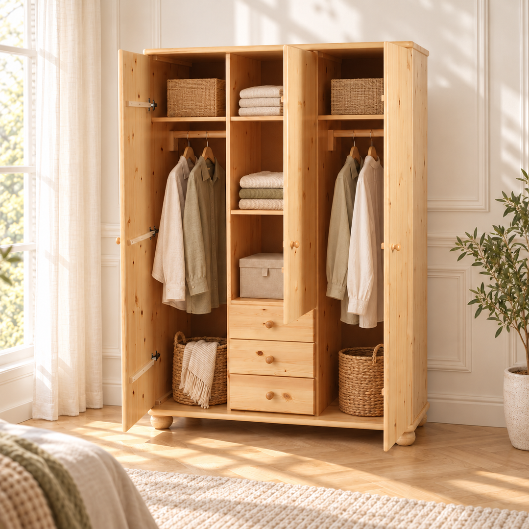 kiefer_massivholz_Claudia Kleiderschrank Kiefer, 3-Türig mit Regalböden und 3-Schubladen aus Massivholz – Natur, Wohnbeispiel