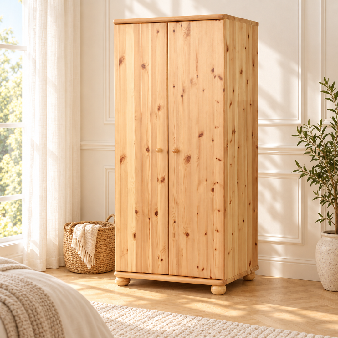 kiefer_massivholz_Claudia Kleiderschrank Kiefer, Garderobenschrank 45 cm / 62 cm Tiefe aus massivem Holz – Natur, Wohnbeispiel