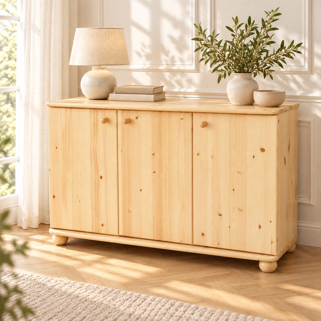 kiefer_massivholz_Claudia Kommode Kiefer Massivholz, 3-Türig Sideboard mit 4-Regalfächern – Natur, Wohnbeispiel