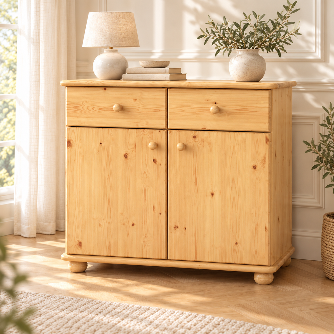 kiefer_massivholz_Claudia Kommode Kiefer Massivholz, Sideboard Anrichte, 2-Türig mit 2-Schubladen – Natur, Wohnbeispiel
