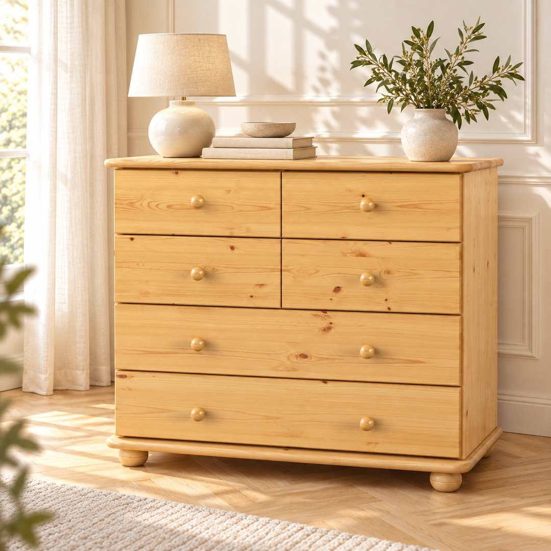 kiefer_massivholz_Claudia Kommode Kiefer Massivholz, Sideboard mit 6 Schubladen, Anrichte aus nachhaltigem Holz – Natur, Wohnbeispiel