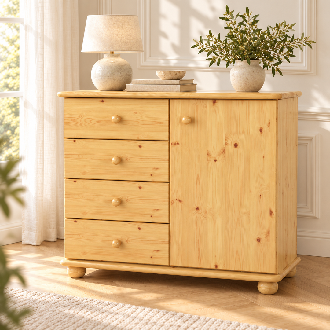 kiefer_massivholz_Claudia Kommode Massivholz, 4-Schubladen 1-Türig Anrichte aus Massivholz – Natur, Wohnbeispiel