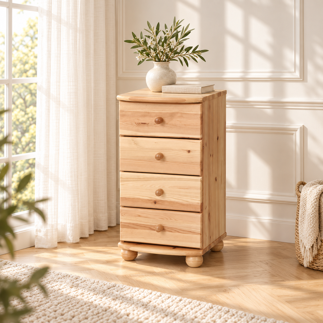 kiefer_massivholz_Claudia Kommode Massivholz, Sideboard Anrichte mit 4 kleinen Schubladen aus Holz – Natur, Wohnbeispiel