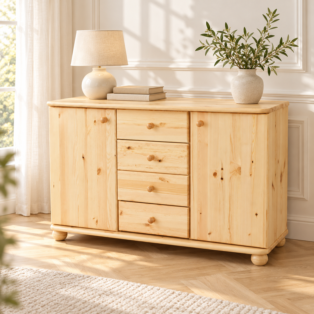 kiefer_massivholz_Claudia Kommode Massivholz, Sideboard Anrichte mit 4 Schubladen und 2 Türen – Natur, Wohnbeispiel