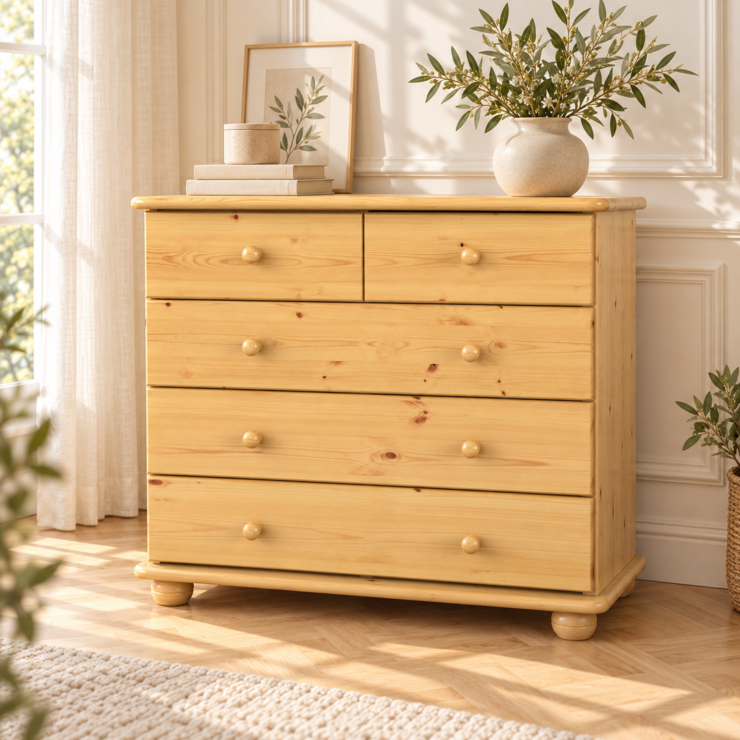 kiefer_massivholz_Claudia Kommode Massivholz, Sideboard mit 3-XL Schubladen und 2 kleinen Anrichten – Natur, Wohnbeispiel