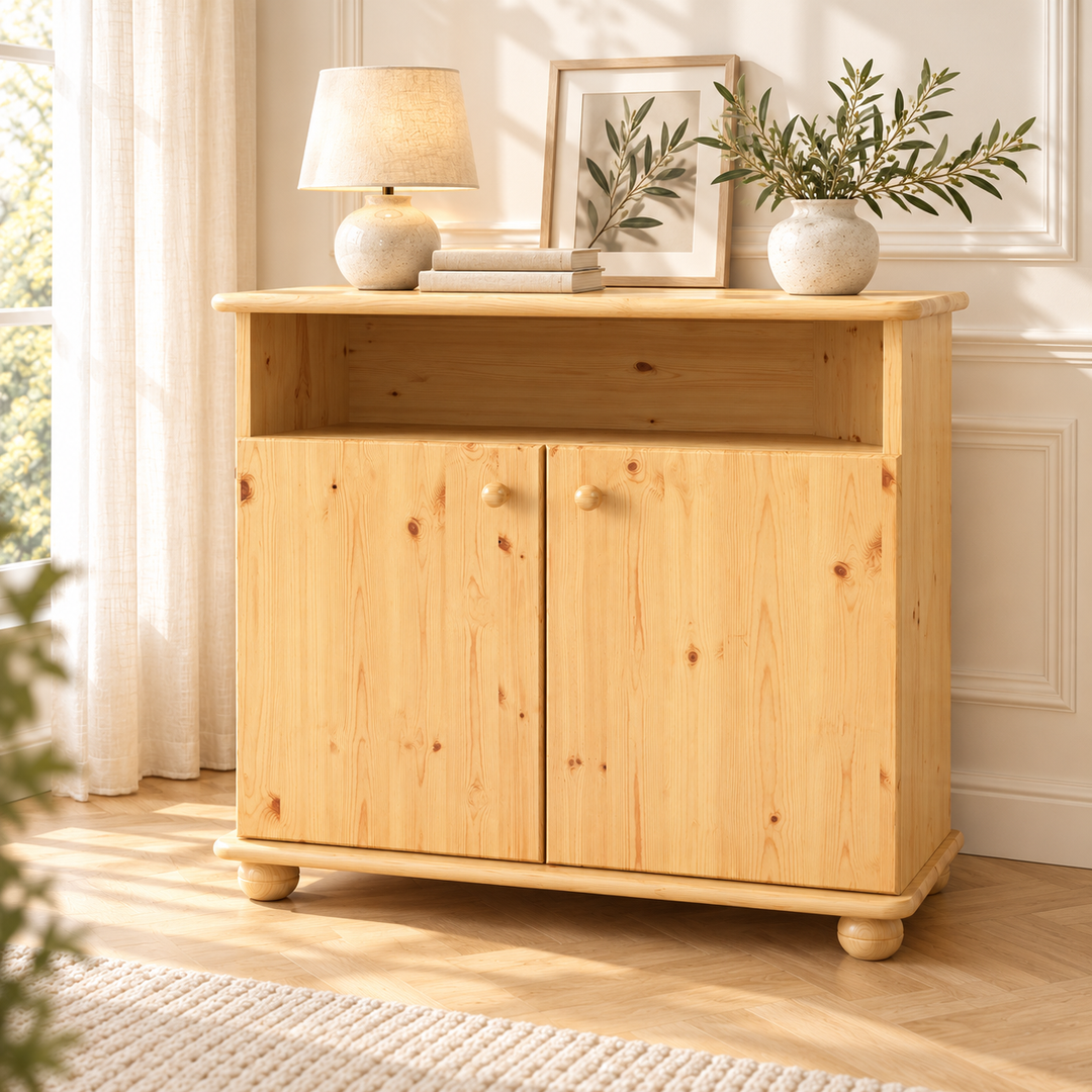 kiefer_massivholz_Claudia Kommode Sideboard aus Kiefer Massivholz, 2-Türig, 1 Regal – Natur, Wohnbeispiel