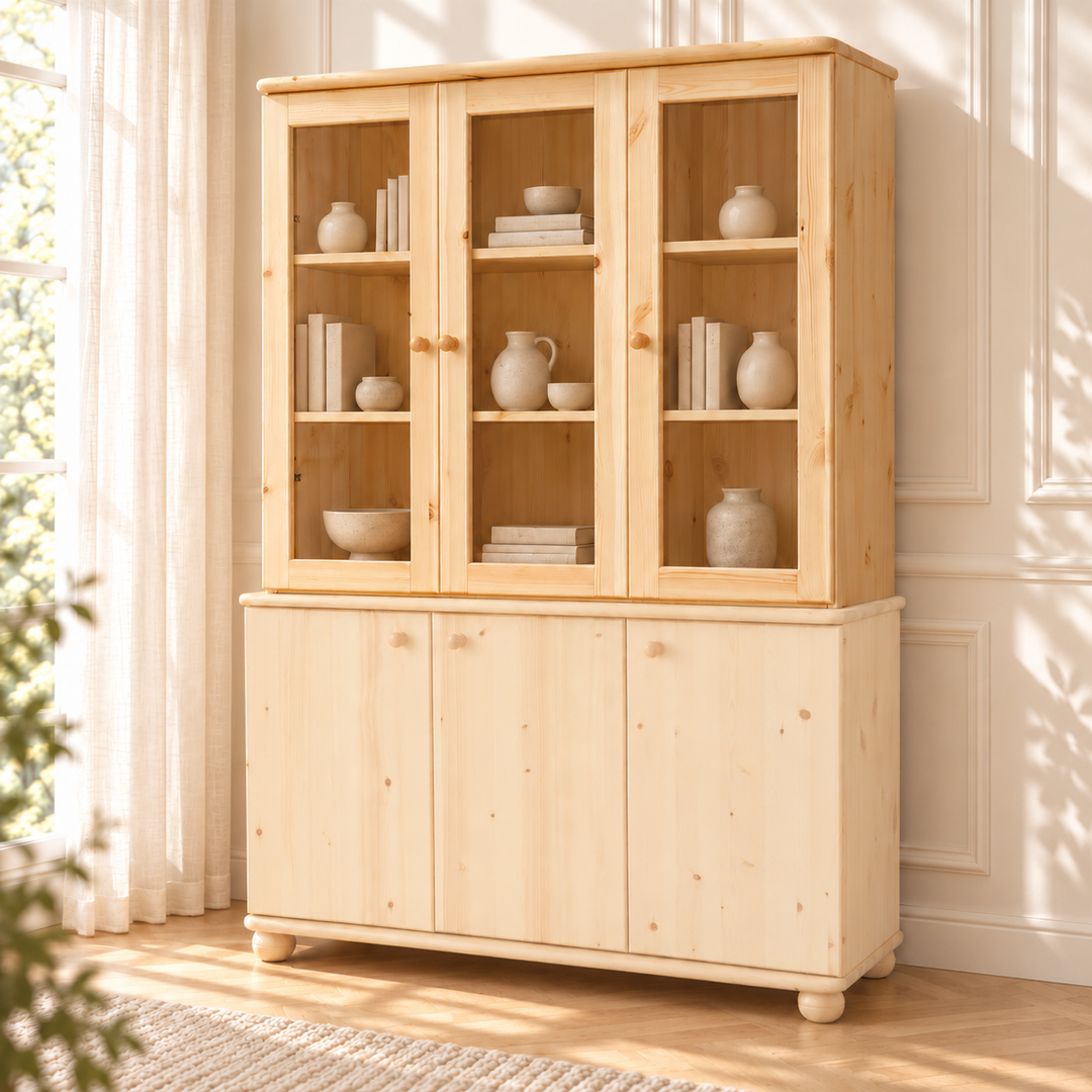 kiefer_massivholz_Claudia Oberschrank Kiefer Massivholz mit Glastüren und 3-Türen – Natur, Wohnbeispiel