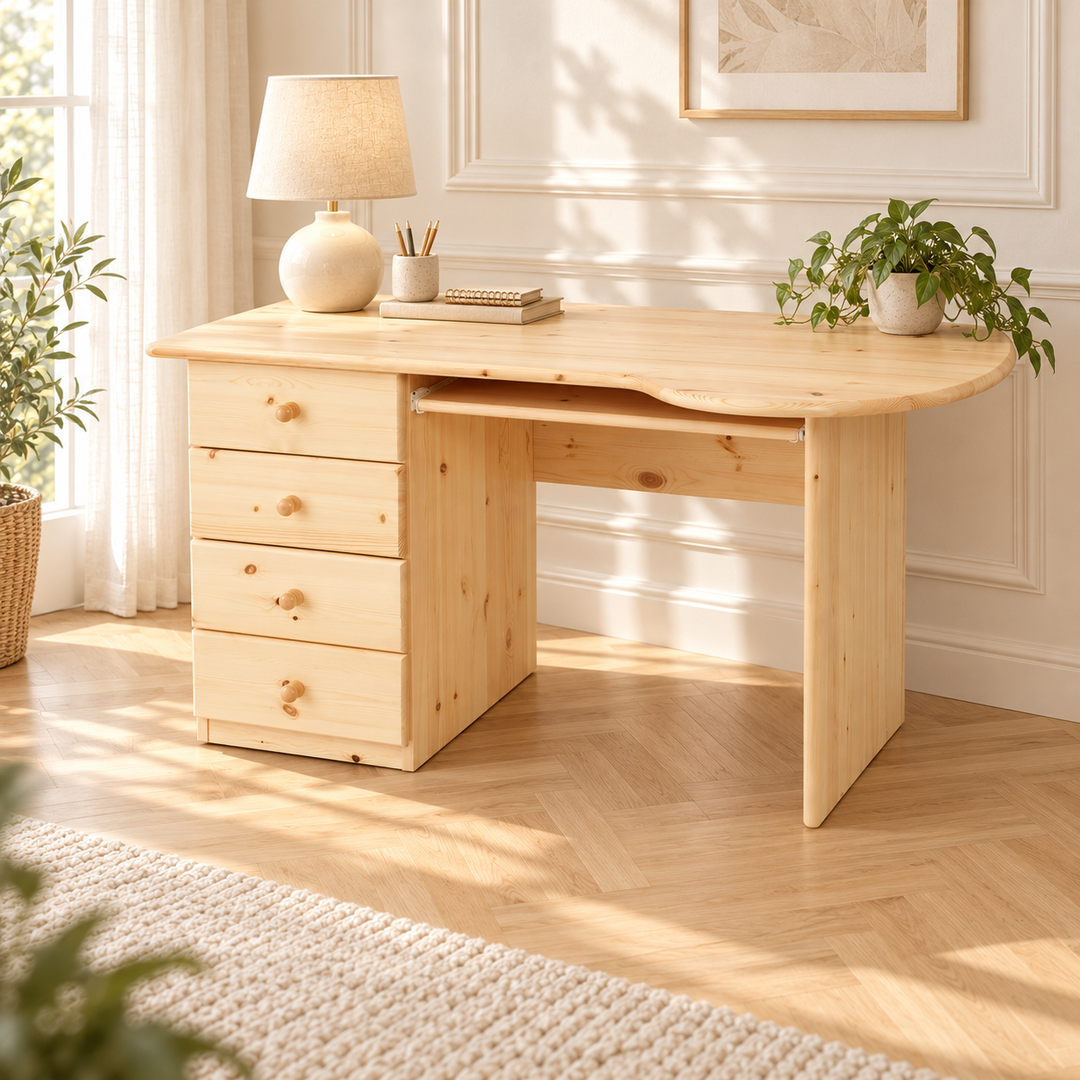 kiefer_massivholz_Claudia Schreibtisch aus massivem Kiefernholz, Bürotisch mit 4-Schubladen und Tastaturauszug – Natur, Wohnbeispiel