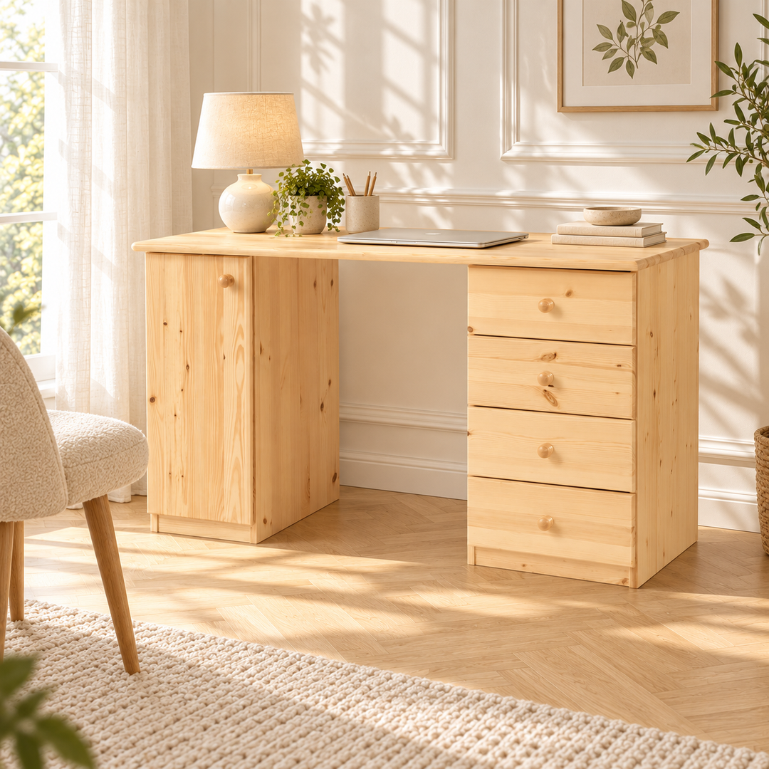 kiefer_massivholz_Claudia Schreibtisch Kieferholz, Bürotisch 1-Türig mit 4 Schubladen aus massivem Holz – Natur, Wohnbeispiel