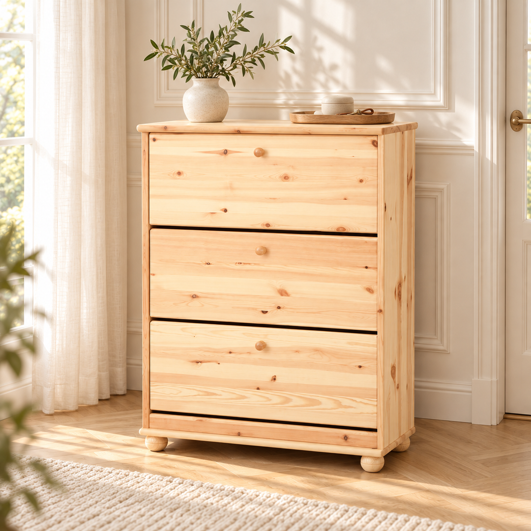 kiefer_massivholz_Claudia Schuhschrank Kiefer 3-türig aus massiver Kiefer – Natur, Wohnbeispiel