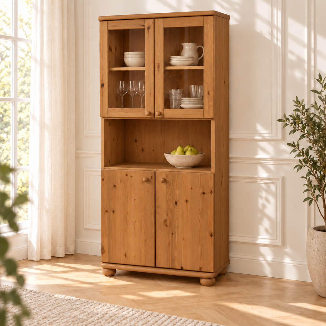 Claudia Buffetschrank Vitrine aus Kiefer massiv | 4-türig | 100% Bio Massivholz – antik – Wohnambiente