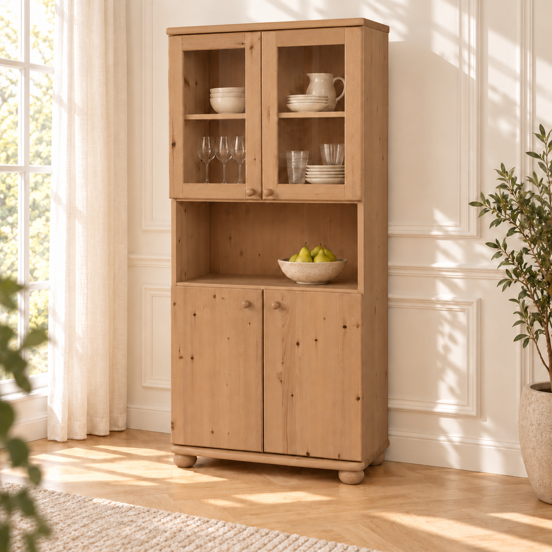 Claudia Buffetschrank Vitrine aus Kiefer massiv | 4-türig | 100% Bio Massivholz – capuccino – Wohnambiente