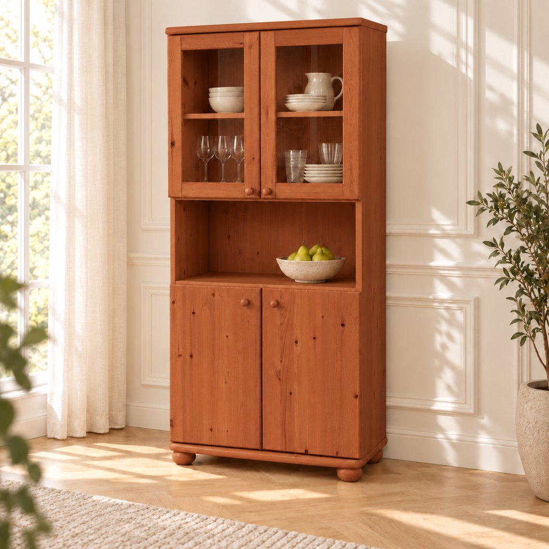 Claudia Buffetschrank Vitrine aus Kiefer massiv | 4-türig | 100% Bio Massivholz – kirsch – Wohnambiente