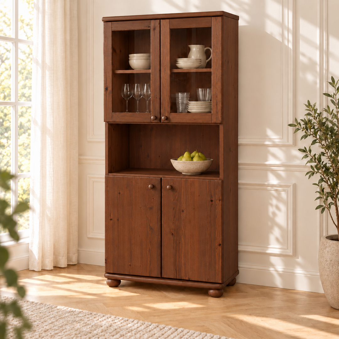 Claudia Buffetschrank Vitrine aus Kiefer massiv | 4-türig | 100% Bio Massivholz – kolonial – Wohnambiente