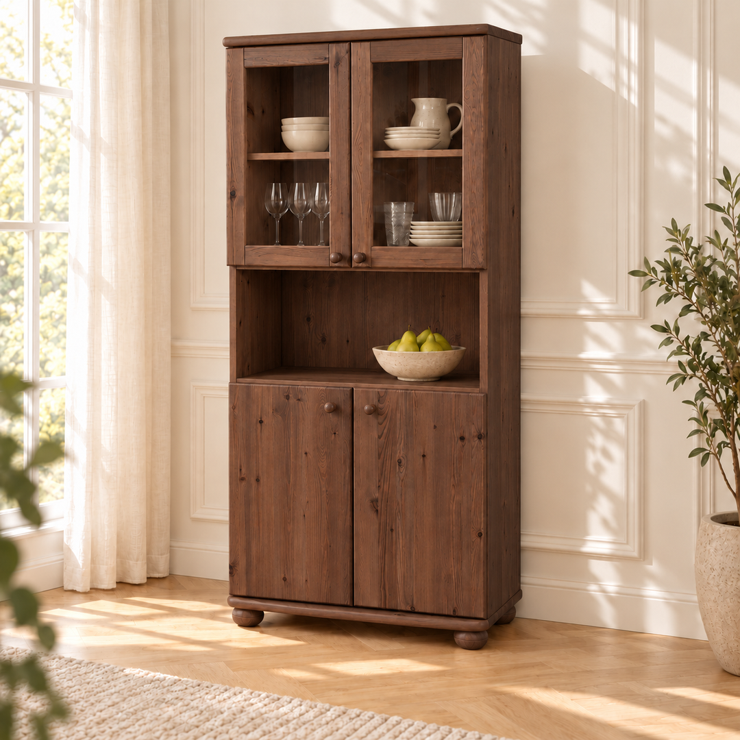 Claudia Buffetschrank Vitrine aus Kiefer massiv | 4-türig | 100% Bio Massivholz – nussbaum – Wohnambiente