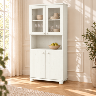 Claudia Buffetschrank Vitrine aus Kiefer massiv | 4-türig | 100% Bio Massivholz – Weiß, lasierte Oberfläche mit sichtbarer Holzmaserung
