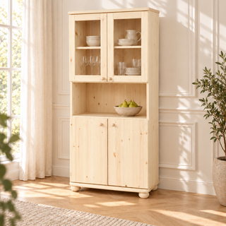 Claudia Buffetschrank Vitrine aus Kiefer massiv | 4-türig | 100% Bio Massivholz – unbehandelt – Wohnambiente