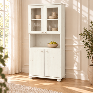 Claudia Buffetschrank Vitrine aus Kiefer massiv | 4-türig | 100% Bio Massivholz – weiss – Wohnambiente