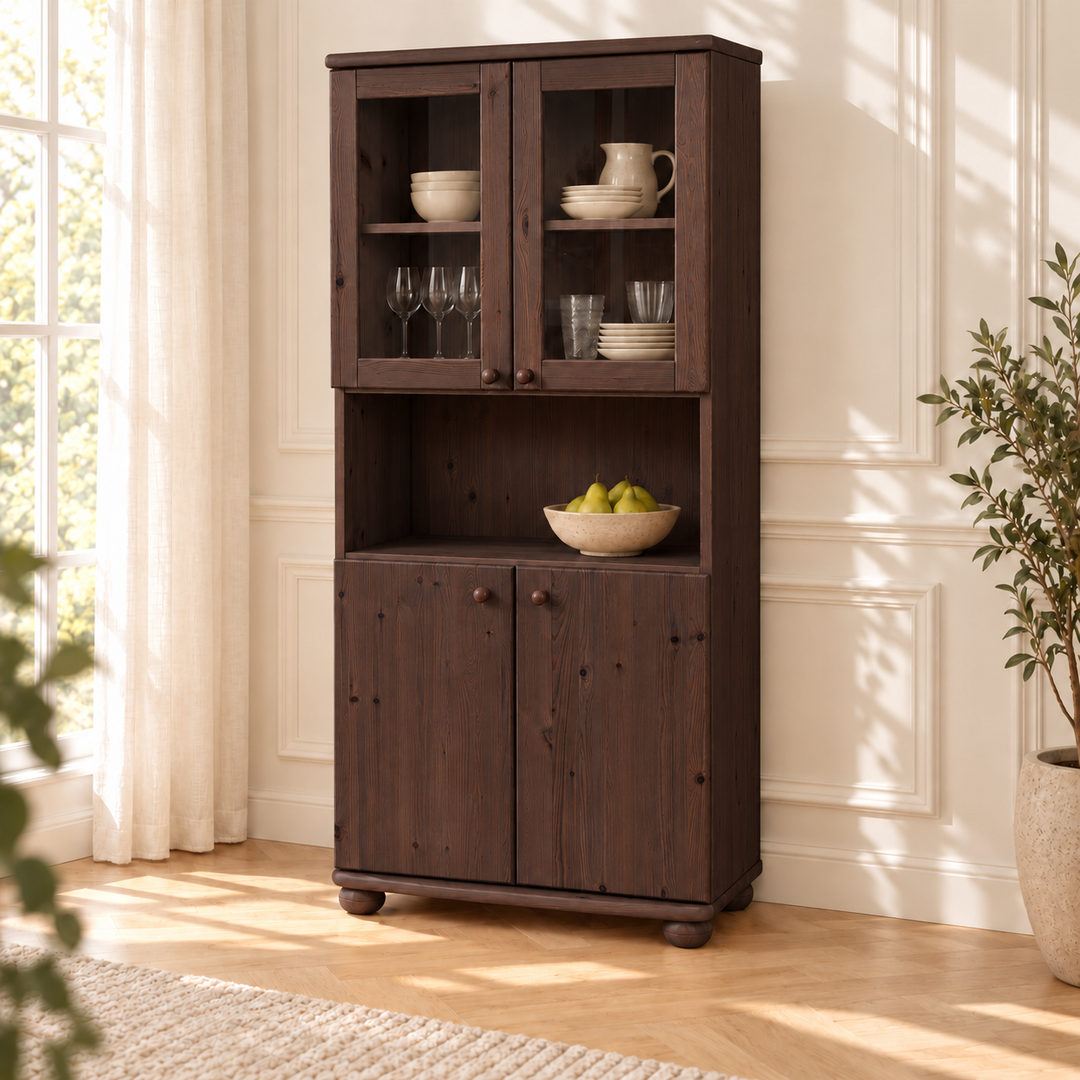 Claudia Buffetschrank Vitrine aus Kiefer massiv | 4-türig | 100% Bio Massivholz – wenge – Wohnambiente
