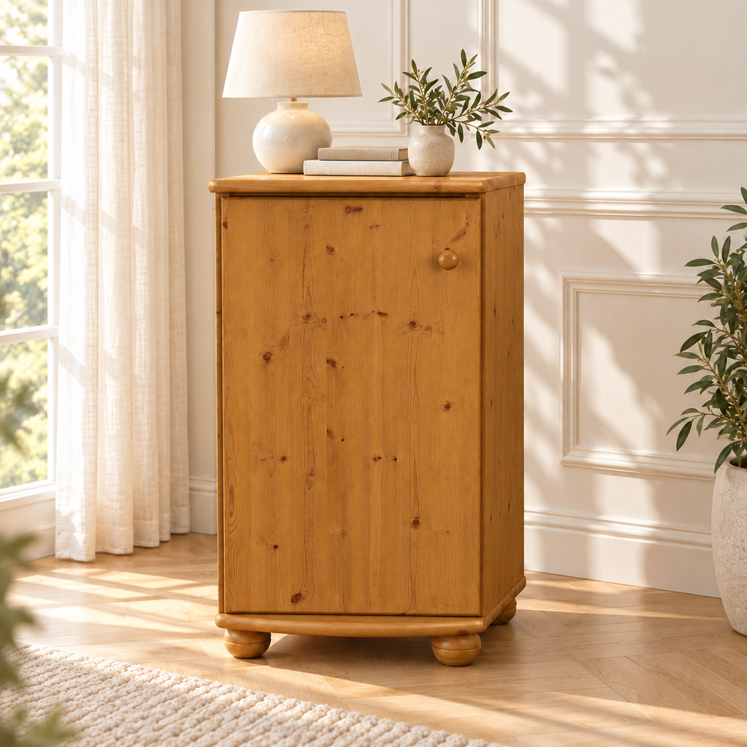Claudia Kommode Bio Kiefer Massivholz - Elegante 1-türige Anrichte aus 100% Bio Holz – Antik Kiefer – Ausführung links