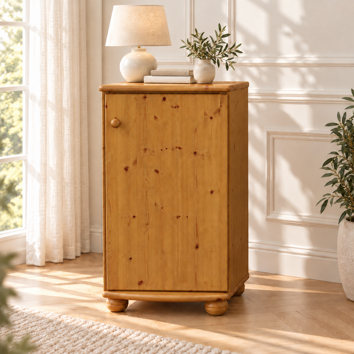 Claudia Kommode Bio Kiefer Massivholz - Elegante 1-türige Anrichte aus 100% Bio Holz – Antik Kiefer – Ausführung rechts