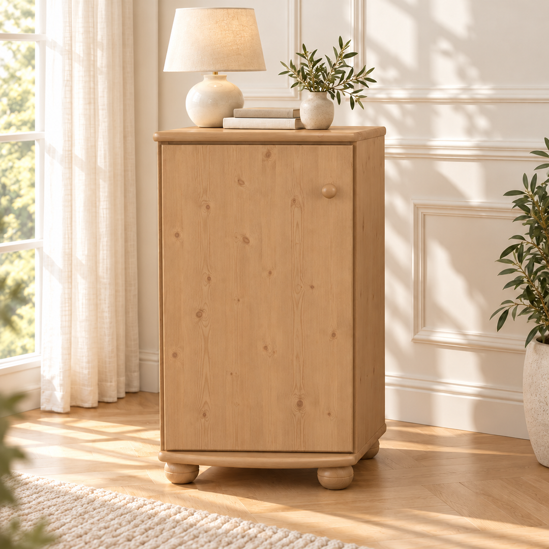 Claudia Kommode Bio Kiefer Massivholz - Elegante 1-türige Anrichte aus 100% Bio Holz – Capuccino – Ausführung links