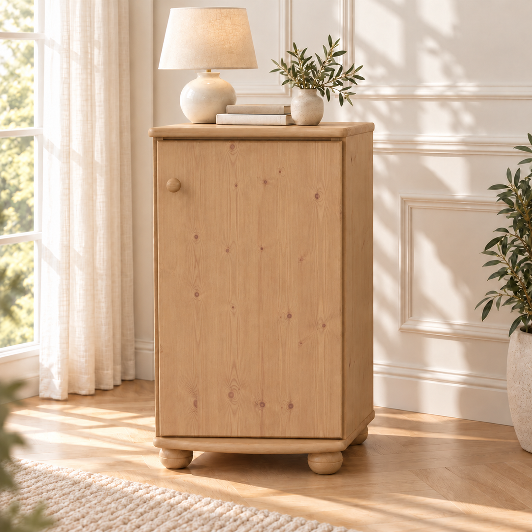 Claudia Kommode Bio Kiefer Massivholz - Elegante 1-türige Anrichte aus 100% Bio Holz – Capuccino – Ausführung rechts