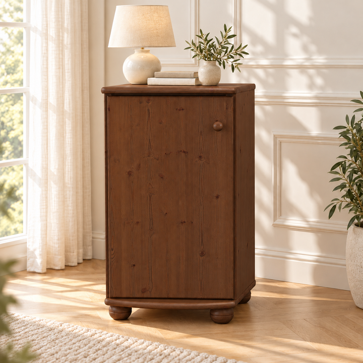 Claudia Kommode Bio Kiefer Massivholz - Elegante 1-türige Anrichte aus 100% Bio Holz – Nussbaum – Ausführung links