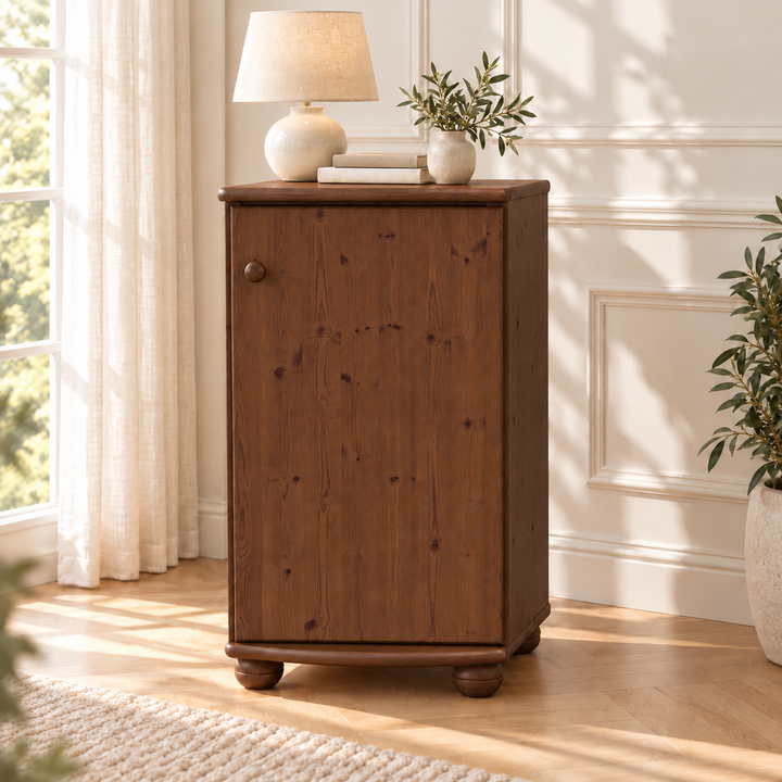 Claudia Kommode Bio Kiefer Massivholz - Elegante 1-türige Anrichte aus 100% Bio Holz – Nussbaum – Ausführung rechts