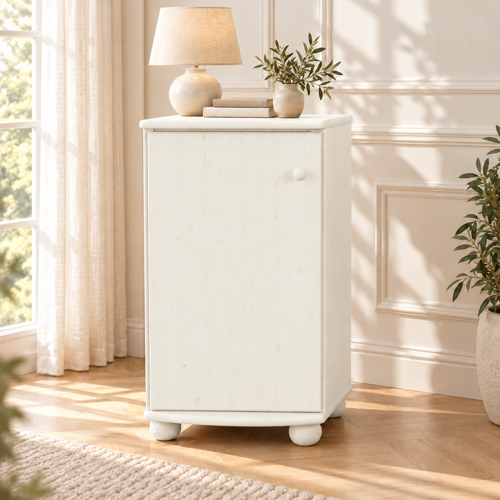 Claudia Kommode Bio Kiefer Massivholz - Elegante 1-türige Anrichte aus 100% Bio Holz – Schneeweiss – Ausführung links