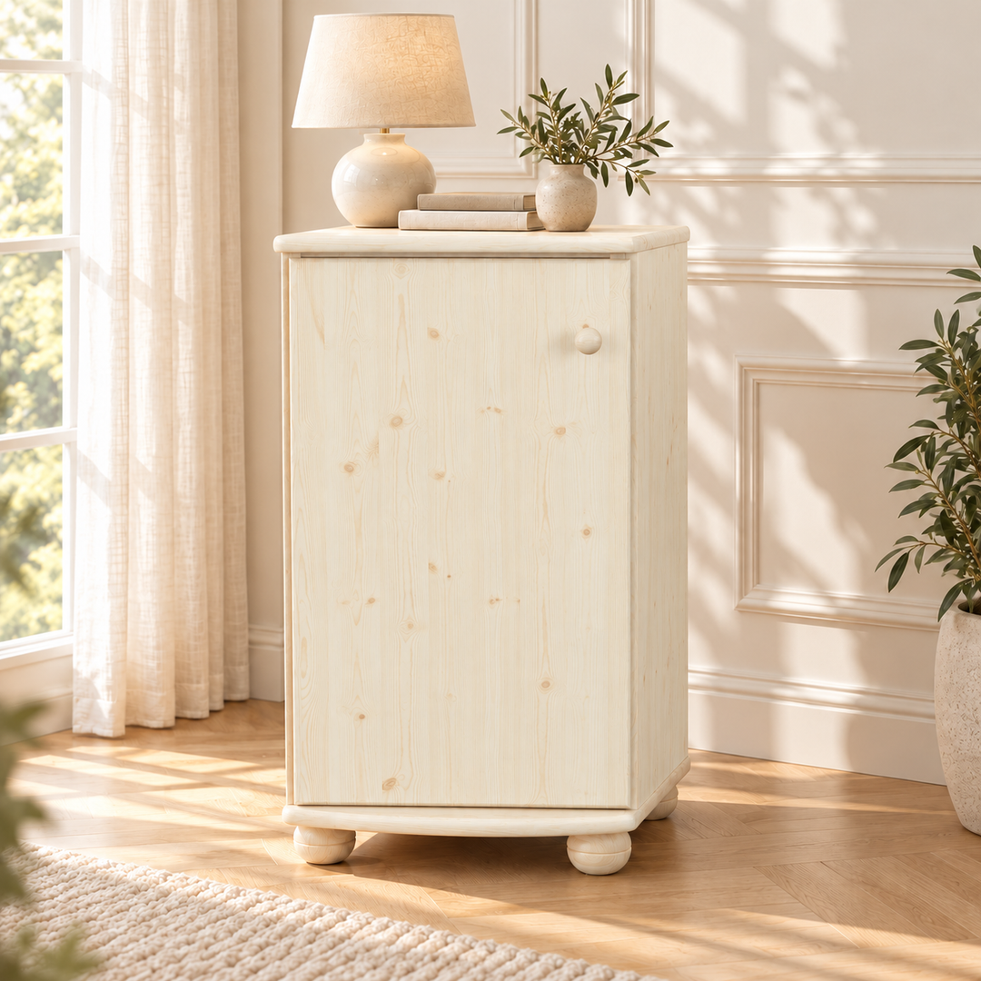 Claudia Kommode Bio Kiefer Massivholz - Elegante 1-türige Anrichte aus 100% Bio Holz – Weiss – Ausführung links