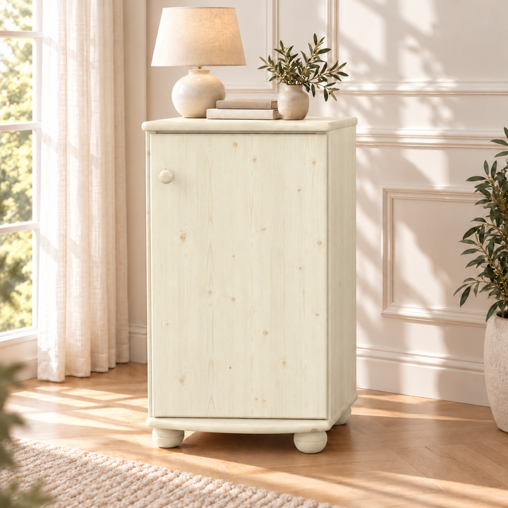 Claudia Kommode Bio Kiefer Massivholz - Elegante 1-türige Anrichte aus 100% Bio Holz – Weiss – Ausführung rechts