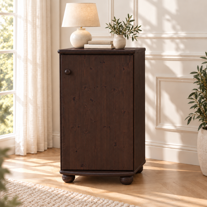 Claudia Kommode Bio Kiefer Massivholz - Elegante 1-türige Anrichte aus 100% Bio Holz – Wenge – Ausführung rechts
