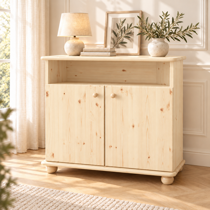 Claudia Kommode Sideboard aus 100% Bio Kiefer Massivholz | 2-Türig | 1 Regal – Natur unbehandelt – Wohnambiente