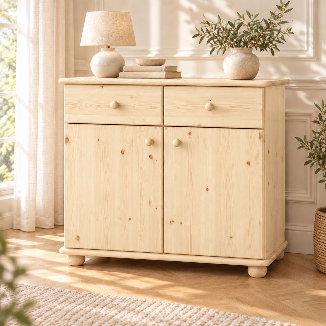 Claudia Kommode Bio Kiefer Massivholz | Sideboard Anrichte | 2-Türig mit 2-Schubladen – Natur unbehandelt – Wohnambiente