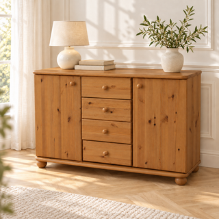 Claudia Kommode Bio Massivholz | Sideboard Anrichte mit 4 Schubladen und 2 Türen – antik – Wohnambiente